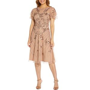 ADRIANNA PAPELL Champagne Embellished Lined Flutter Sleeve Fit + Flare Dress